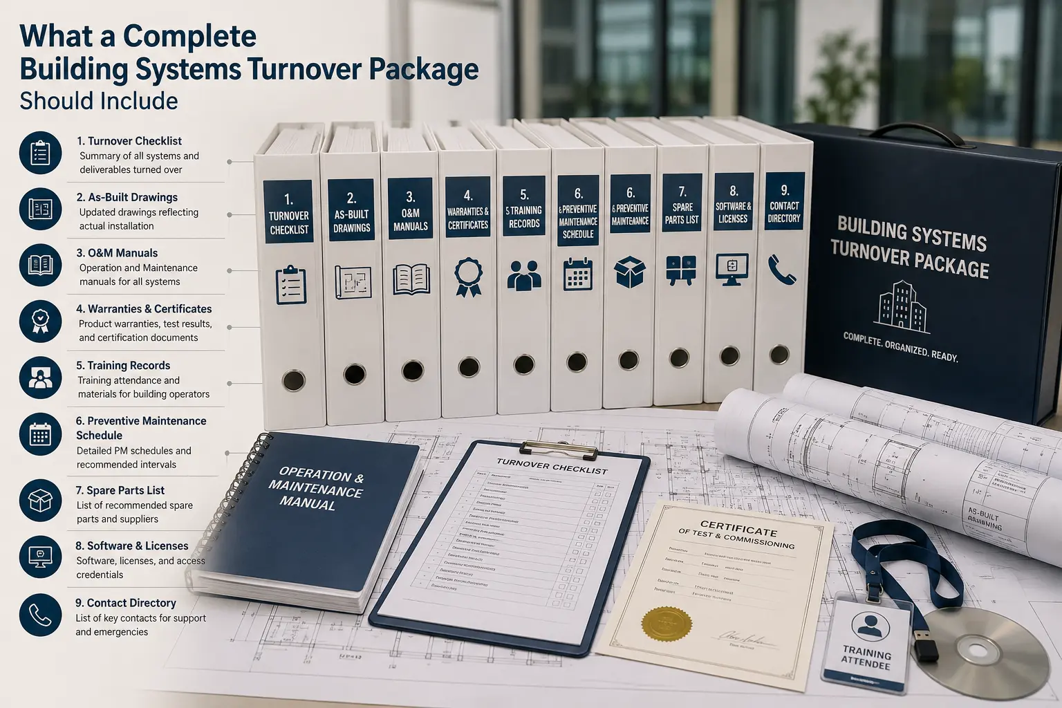 What a complete building systems turnover package should include: turnover checklist, as-built drawings, O&M manuals, warranties and certificates, training records, preventive maintenance schedule, spare parts list, software and licenses, and contact directory, packaged as labelled binders alongside the turnover checklist, O&M manual, and certificate of test and commissioning