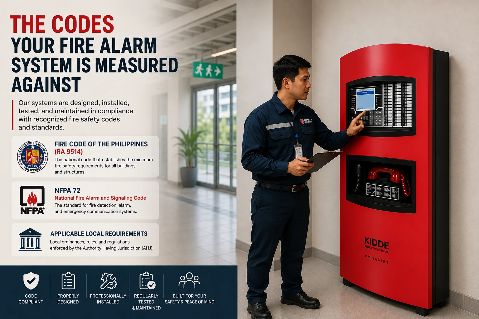 Fire safety technician at a fire alarm control panel, alongside summaries of the Fire Code of the Philippines (RA 9514), NFPA 72, and local AHJ requirements